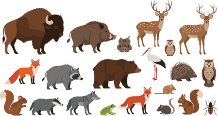 Obraz premium Forest Wildlife Animals Collection with Bison, Bear, Deer, Fox, Wolf, Raccoon, Owl, Hedgehog and More Flat Vector Illustrations for Nature Design.
