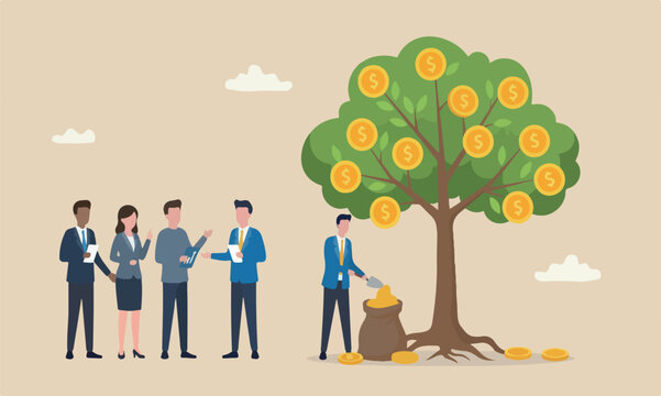  Harvest investing meeting teams together concept, businessman harvesting dollar coin from growing money tree