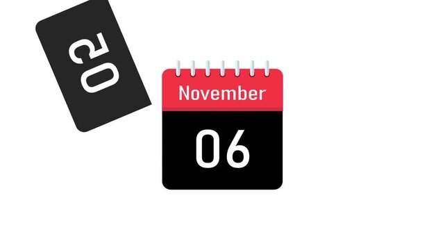 calendar flipping pages animation with white screen background. calendar pages turning animation with november date changes. november calendar date change animation from 1 to 30 time lapse. 