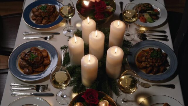 Candles arranged with food and wine on a festive table setting, creating a warm and inviting ambiance for a celebration.