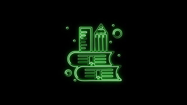 Glowing neon line school material icon animation. Education supplies icon animation HD video isolated on black background