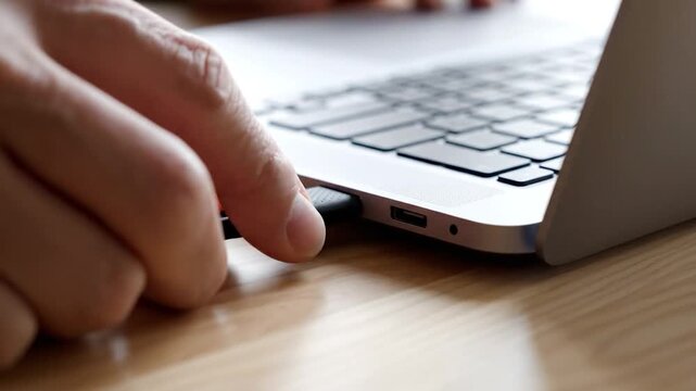 A person inserts a black cable connector into the side port of a modern portable computer