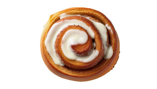 Isolated warm and sweet cinnamon roll pastry with frosting for breakfast or snack