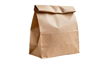 Isolated brown paper bag standing upright with folded top, empty packaging for lunch or groceries. © Sorin