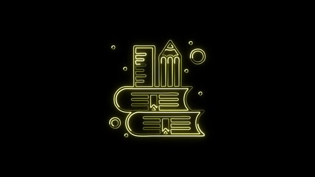Glowing neon line school material icon animation. Education supplies icon animation HD video isolated on black background