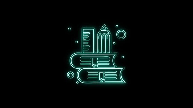 Glowing neon line school material icon animation. Education supplies icon animation HD video isolated on black background