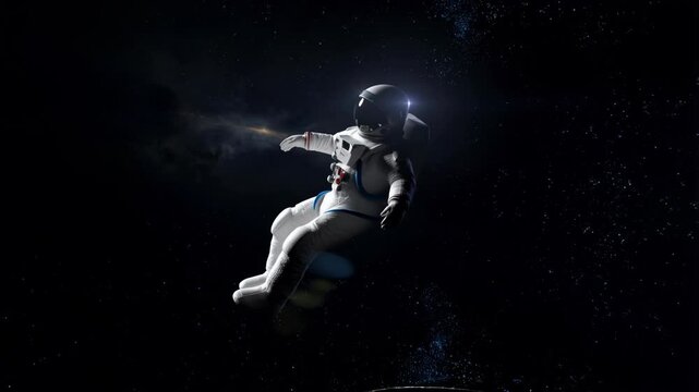 Astronaut floating in deep space with galaxy and stars in background, cinematic, photorealistic, white suit with blue accents, blue and white helmet