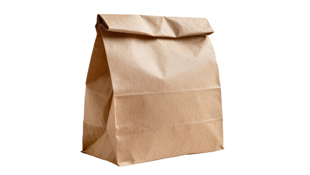 Isolated brown paper bag standing upright with folded top, empty packaging for lunch or groceries.