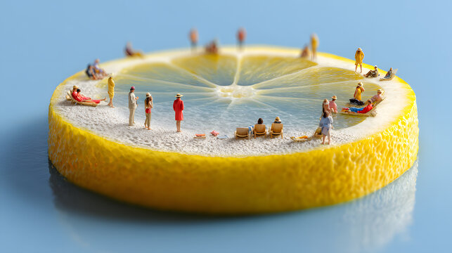 mini people relaxing on lemon slice beach concept summer