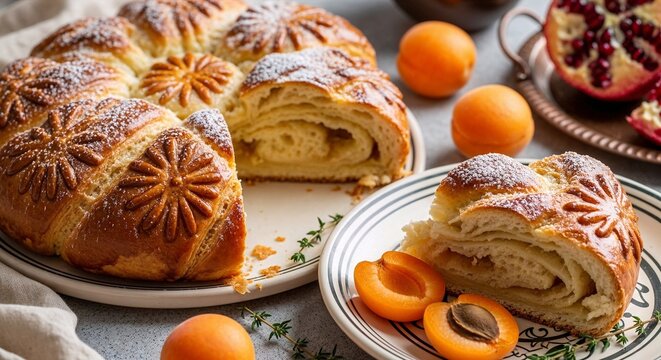 Armenian gata pastry with golden braided crust and sweet layered filling