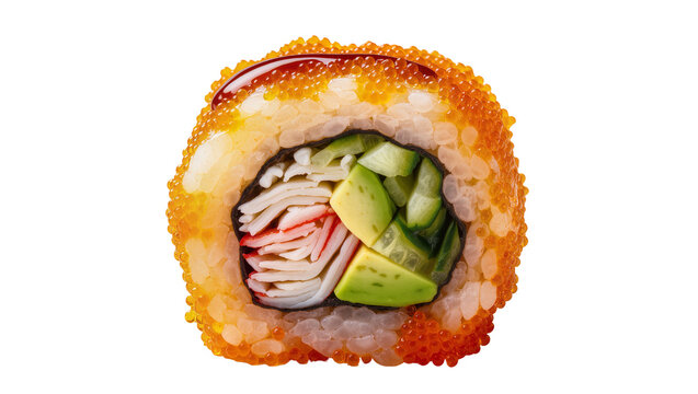 Isolated sushi roll with orange fish roe, crab stick, avocado, and cucumber, topped with sauce