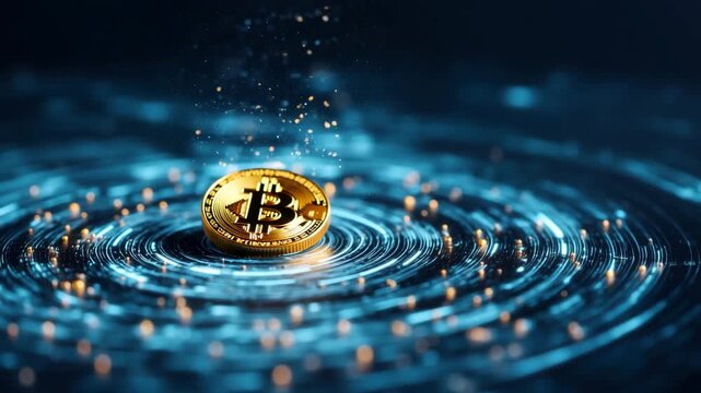 Golden Bitcoin Coin Floating Amidst Digital Ripple Effect Symbolizing Cryptocurrency, Blockchain, and Finance Technology Impact