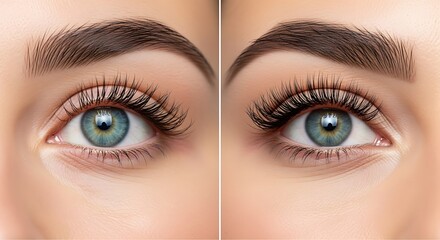Fototapeta premium Before and after close-up of two blue eyes with thick lashes and full eyebrows