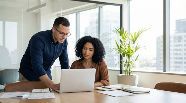 Two young professionals collaborating in a bright, modern office setting. A man with glasses and a navy blue button-down shirt stands over a wooden desk, looking at a laptop screen.