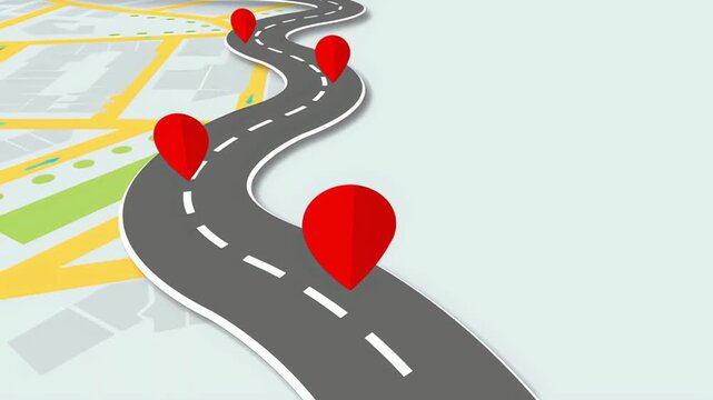 Detailed graphic showcasing a winding road with multiple red location pins, representing a planned travel route, journey progress, or a sequence of important milestones