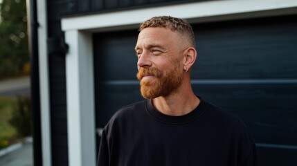 Obraz premium Bearded Man in Black Shirt with Short Hair, Smiling and Posing Outdoors.