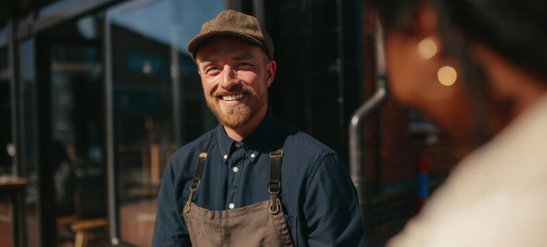 Happy Man in Overalls Smiling at Camera, Outdoor Setting