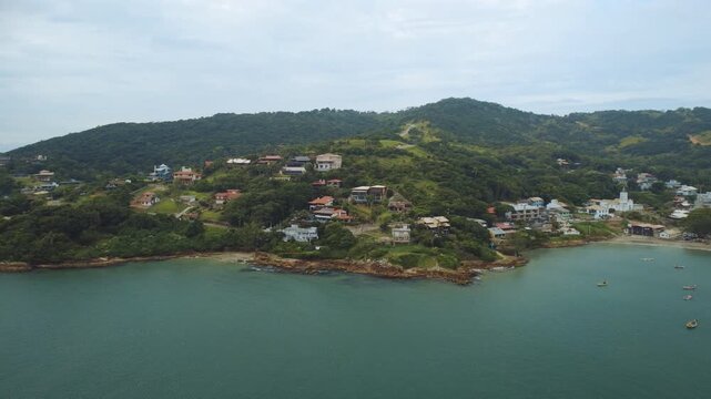 Garopaba Bay Drone View with Fishing Boats, Turquoise Sea and Rocky Coastline