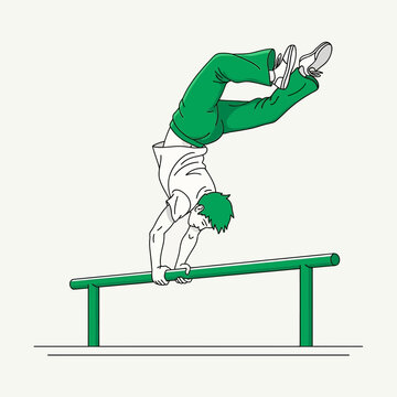 Dynamic Parkour Athlete Performs Imbalanced Handstand Routine on Parallel Bars
