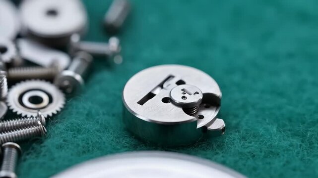 Tweezers carefully placing a tiny pallet fork into a watch movement, macro photography, intricate detail of watchmaking gears and components