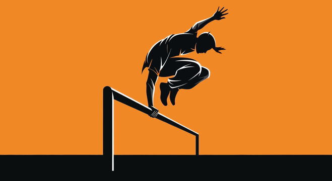 Dynamic Silhouette Athlete Ascending Bar in Bold Orange and Black Artistic Rendering