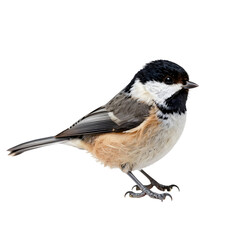 Naklejka premium Close up of a chickadee bird with detailed feathers isolated on black background