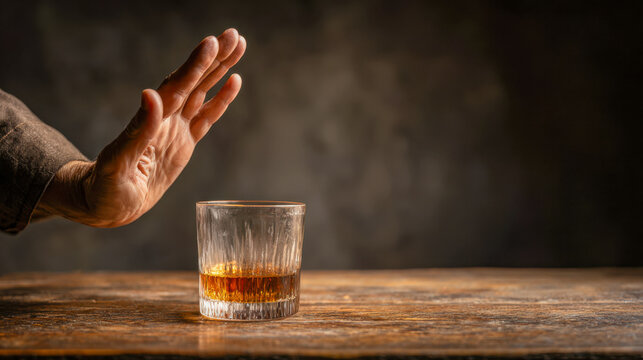 A person rejecting a glass of whiskey on a wooden table symbolizing refusal, self-control, and commitment to sobriety in a dimly lit setting