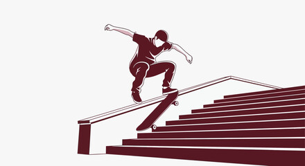 Fototapeta premium Dynamic Skateboarder Grinding Down Stairs In Bold Graphic Style