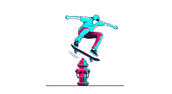 Dynamic Skateboarder Jumps Over Vibrant Fire Hydrant Illustration