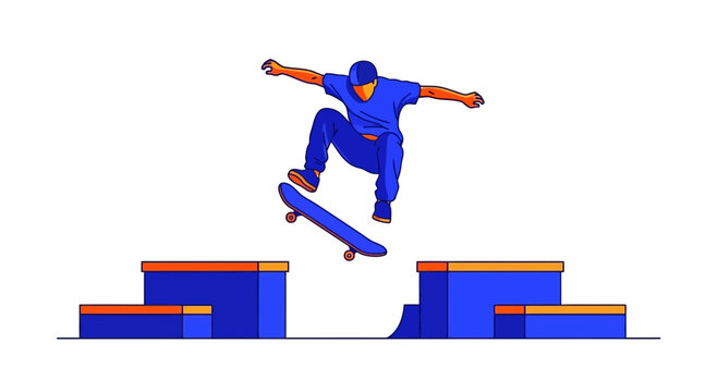 Dynamic Skater Executes Gravity Defying Leap Over Skate Park Obstacles