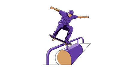 Naklejka premium Dynamic Skater Performing Extreme Trick On Rail With Bold Purple Hues