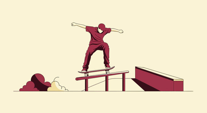 Dynamic Skateboarder Performing A Trick On Rails And Ramp Minimalist Style