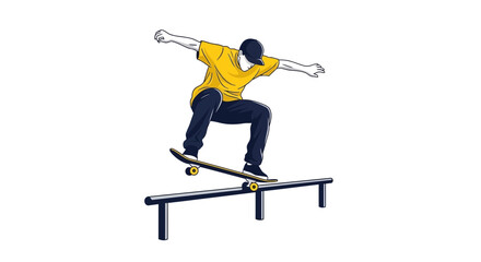 Naklejka premium Dynamic Skateboarder Performing Grinds On Rail Vibrant Illustration Capturing Action And Skill