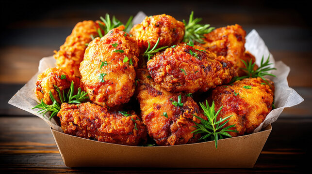 A cardboard bucket full of fried chicken