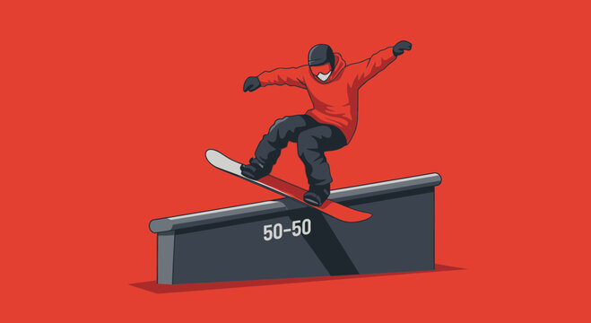 Dynamic Snowboarder Executes 50-50 Grind Trick Against Bold Red Background