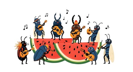 Fototapeta premium Cartoon insects play musical instruments atop watermelon slices, surrounded by notes