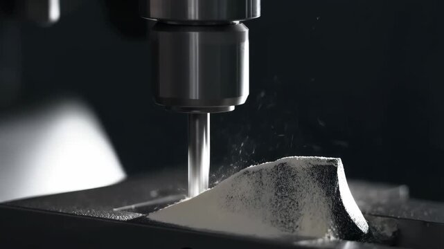 Drill bit operating on simulated bone material with dust particles flying, highlighting precision surgery.