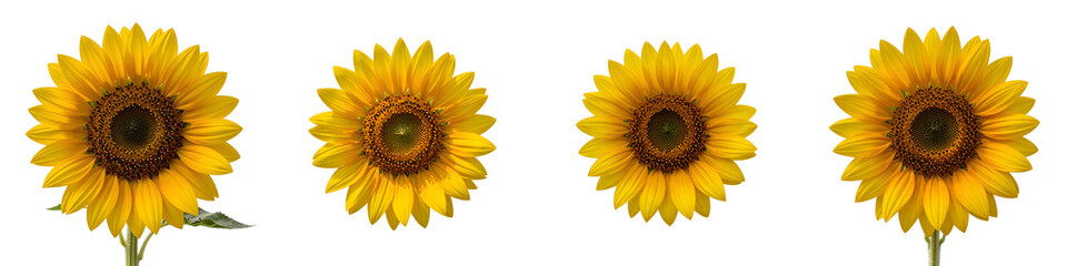 Fototapeta premium Four bright sunflowers in full bloom stand out against the dark backdrop, a study in contrasts