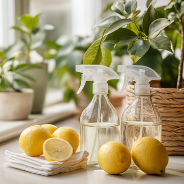 Sustainable Home Cleaning Setup with Natural Ingredients and Potted Plant