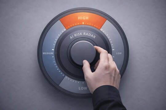 AI risk radar dial set to high with hand adjusting control, minimalist gray interface illustrating artificial intelligence risk management and compliance monitoring.