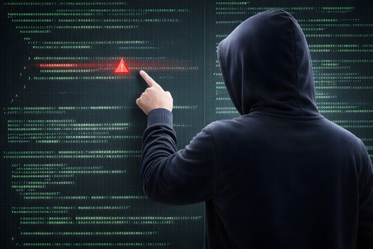 Hooded hacker analyzing green code with red warning symbol on dark screen, representing cybersecurity threats, malware detection, and data breach risks.