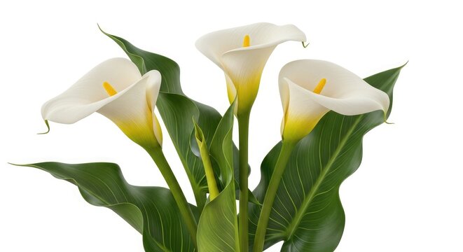 Elegant white calla lilies with vibrant yellow spadix and green foliage