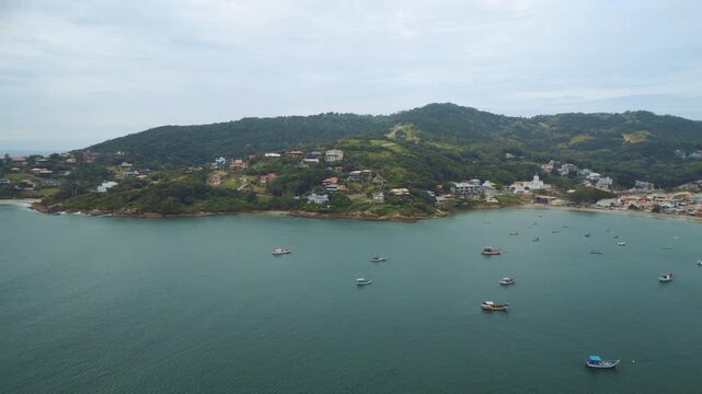 Garopaba Bay Drone View with Fishing Boats, Turquoise Sea and Rocky Coastline