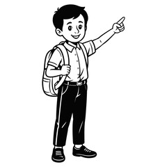 Fototapeta premium Boy with backpack go to school coloring page, Vector Cartoon Happy Student Boy going to School lineart vector, cartoon, boy, child, school, character, childhood, student, drawing