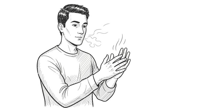 Man rubbing hands together to warm them up, exhaling warm breath in cold weather