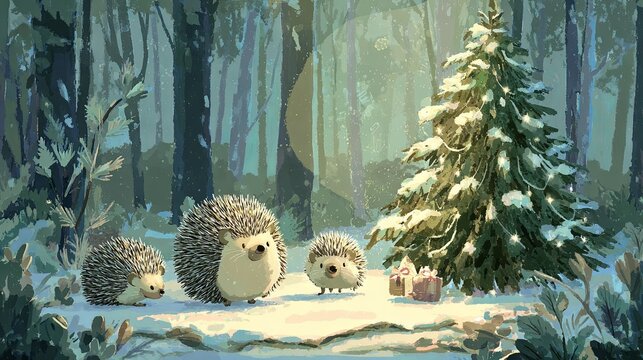 A hedgehog family gathered in a snowy winter forest beside a decorated Christmas tree