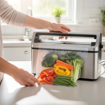 Woman using vacuum sealer for packing fresh vegetable. Kitchen appliance for food storage and preservation. Healthy lifestyle and meal preparation concept to keep nutrition fresh longer.