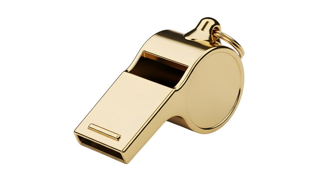A shiny gold whistle on a transparent background, symbolizing authority and control