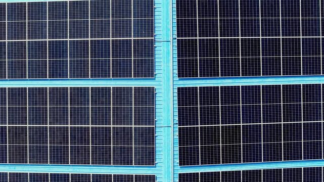 Aerial view shows solar panels installed on rooftops
