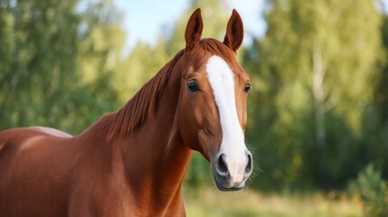 Fototapeta premium Chestnut horse with white blaze on head standing in a sunny nature field. Portrait of elegant animal in forest background. Majestic equestrian creature for agriculture and wildlife concept.